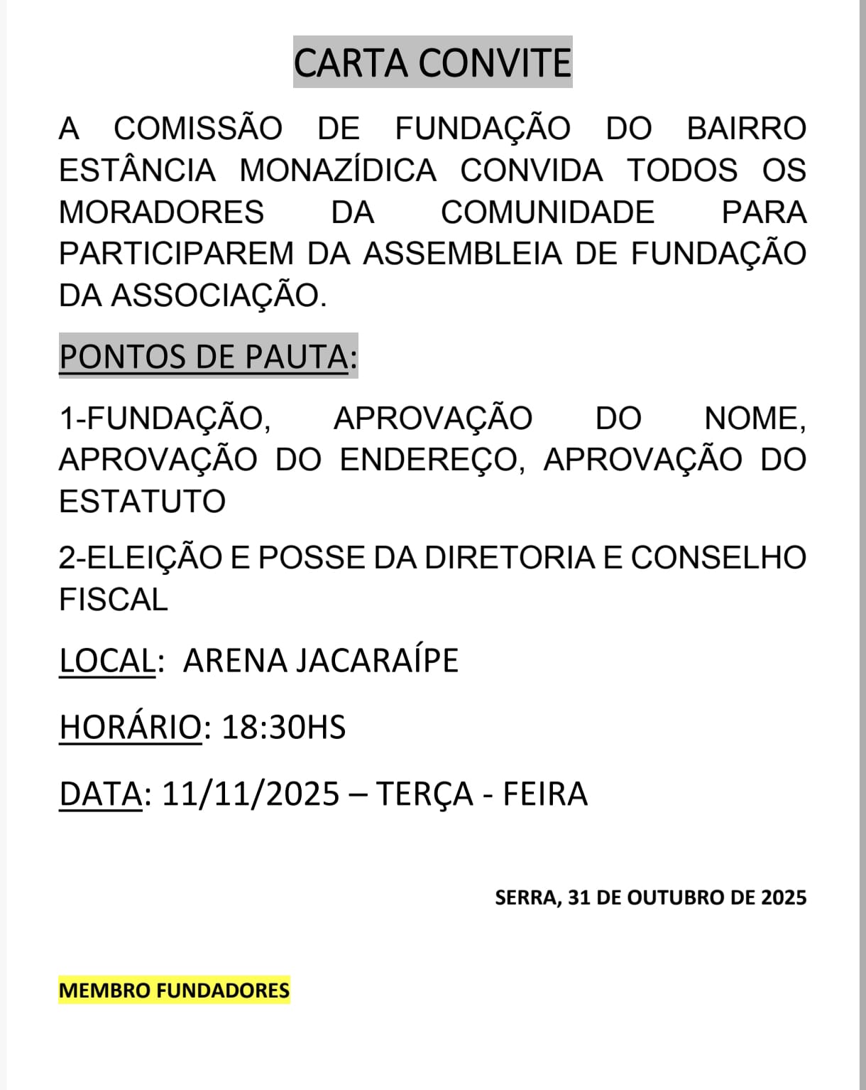Estância Monazítica Realiza Assembleia para Formalização da Associação de Moradores